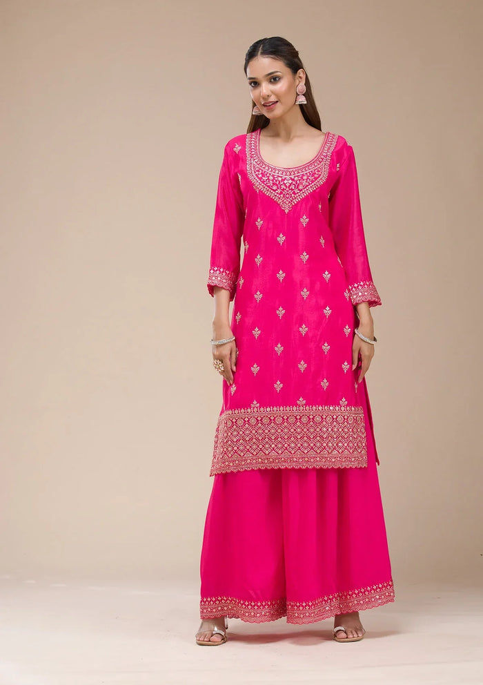 Fashion Cave Magenta Pink Zariwork (Gold) Chinon Readymade salwar suit