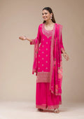 Fashion Cave Magenta Pink Zariwork (Gold) Chinon Readymade salwar suit