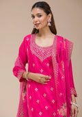 Fashion Cave Magenta Pink Zariwork (Gold) Chinon Readymade salwar suit