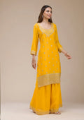 Fashion Cave Mustard Yellow Zariwork (Gold) Chinon Readymade salwar suit