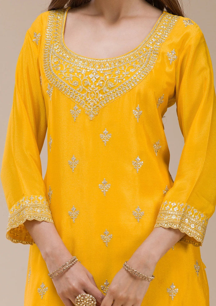 Fashion Cave Mustard Yellow Zariwork (Gold) Chinon Readymade salwar suit