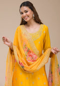Fashion Cave Mustard Yellow Zariwork (Gold) Chinon Readymade salwar suit