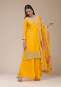 Fashion Cave Mustard Yellow Zariwork (Gold) Chinon Readymade salwar suit
