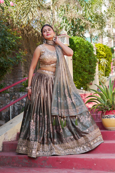Grey Digital Print Embroidered Muslin Lehenga Set
