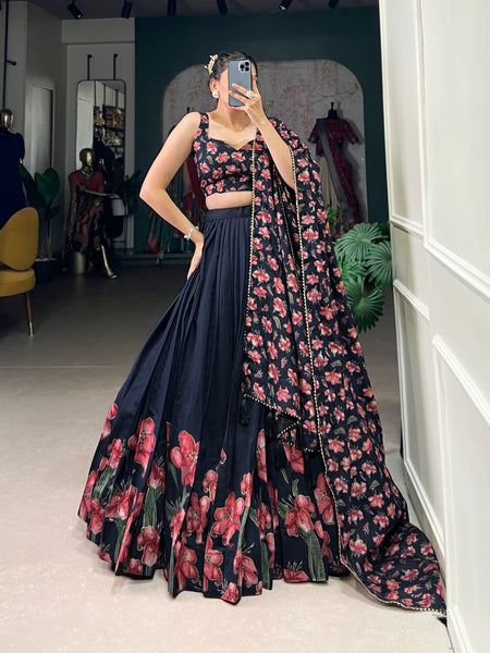 Fashion Cave Tussar Silk Floral Print With Foil Work Lehenga Choli