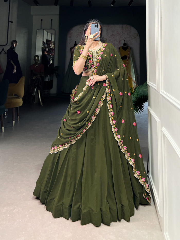 Fashion Cave Mehandi Color  Sequins and Thread Embroidery Work Lehenga Choli