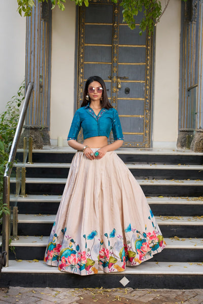 Fashion Cave Off White Tussar Silk Printed Party-Wear Ready made Choli & Skirt Set