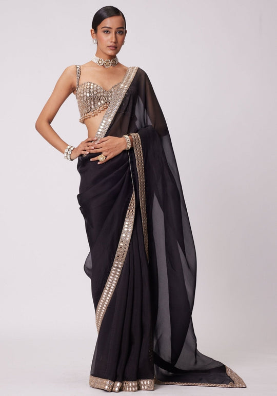 Beautiful Black satin silk With Embroidery Lace and Real Mirror Blouse
