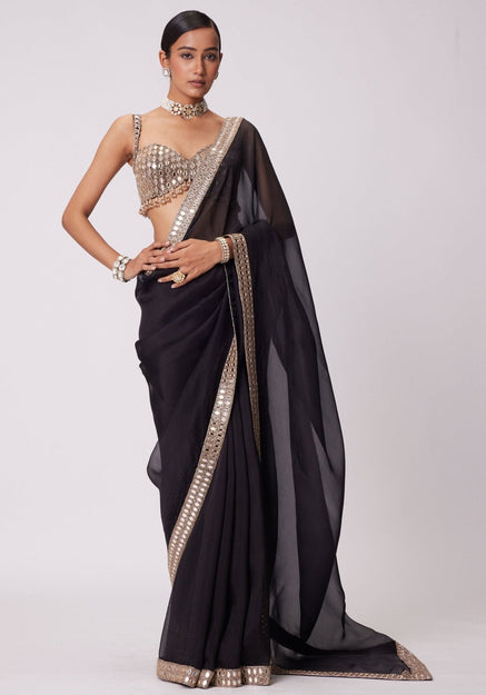 Beautiful Black satin silk With Embroidery Lace and Real Mirror Blouse