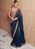 Beautiful Black satin silk With Embroidery Lace and Real Mirror Blouse