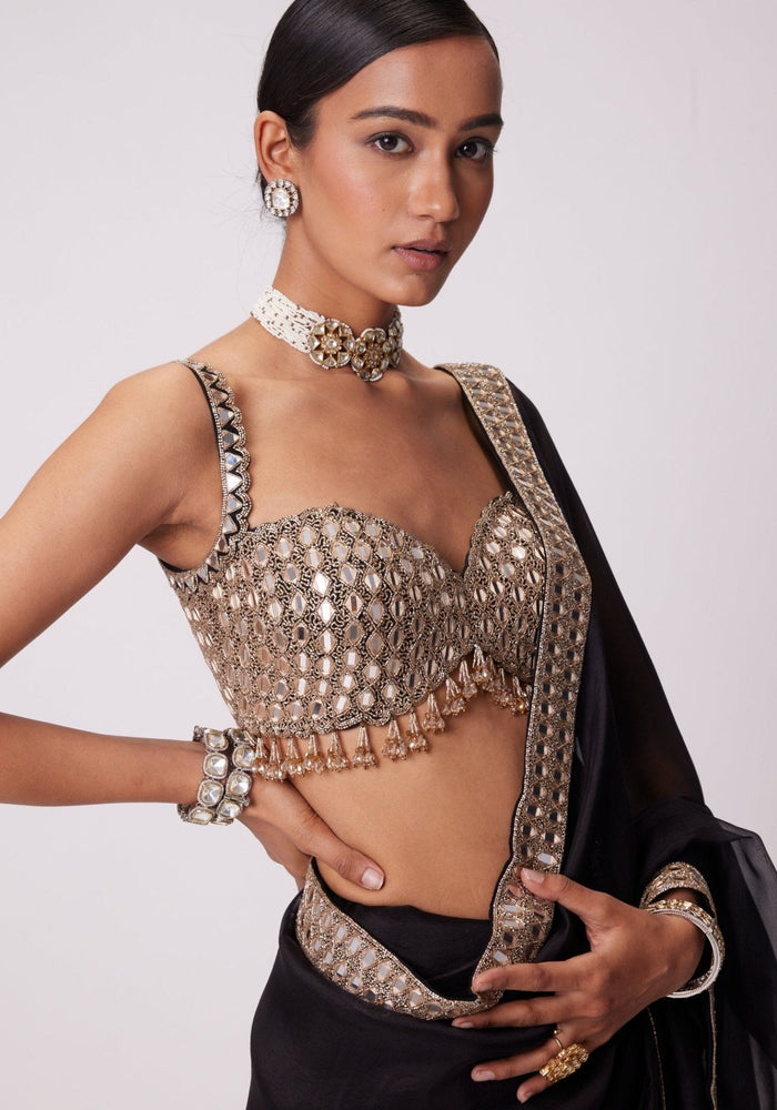 Beautiful Black satin silk With Embroidery Lace and Real Mirror Blouse