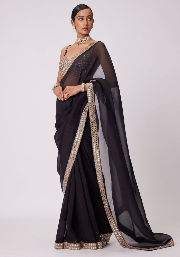 Beautiful Black satin silk With Embroidery Lace and Real Mirror Blouse
