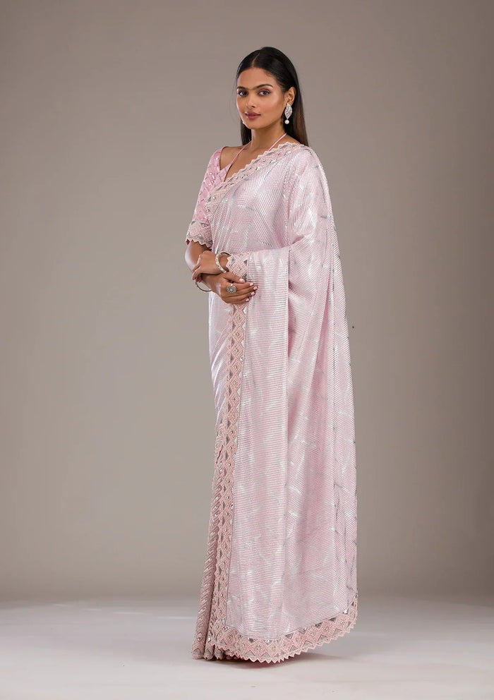 Fashion Cave Baby Pink Sequins Semi Crepe Saree