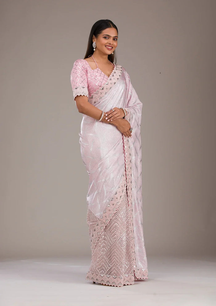 Fashion Cave Baby Pink Sequins Semi Crepe Saree