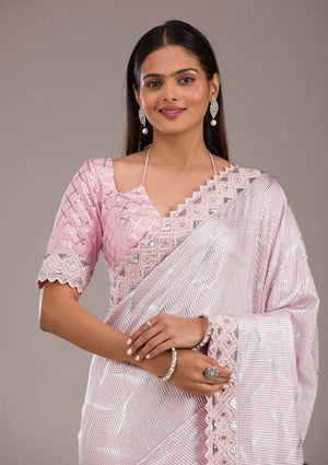 Fashion Cave Baby Pink Sequins Semi Crepe Saree