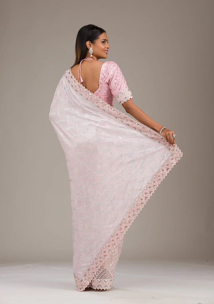 Fashion Cave Baby Pink Sequins Semi Crepe Saree
