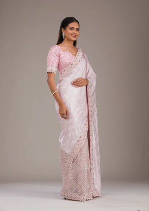 Fashion Cave Baby Pink Sequins Semi Crepe Saree