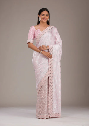 Fashion Cave Baby Pink Sequins Semi Crepe Saree