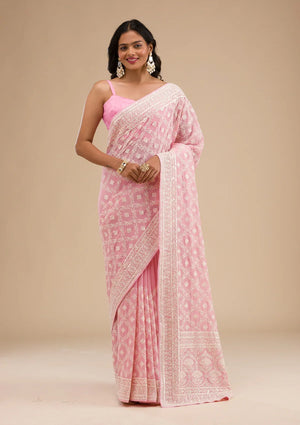 Fashion Cave Baby Pink Threadwork Georgette Saree