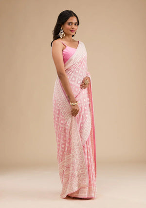 Fashion Cave Baby Pink Threadwork Georgette Saree