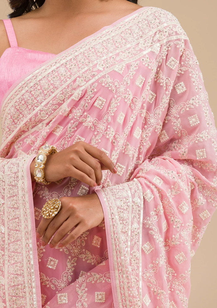Fashion Cave Baby Pink Threadwork Georgette Saree