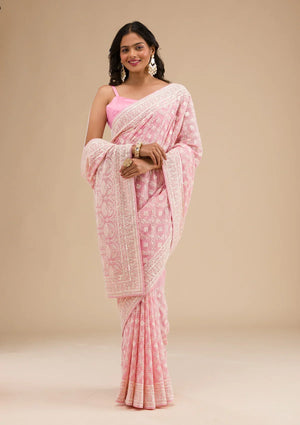 Fashion Cave Baby Pink Threadwork Georgette Saree