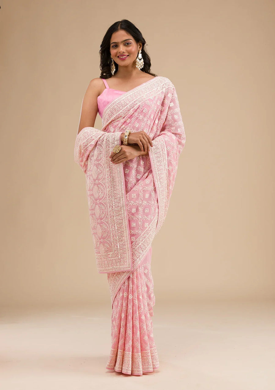 Fashion Cave Baby Pink Threadwork Georgette Saree