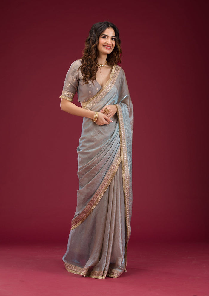 Fashion Cave Sky Blue Threadwork Tissue Saree