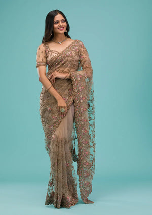 Fashion Cave Beige Zariwork Net Saree