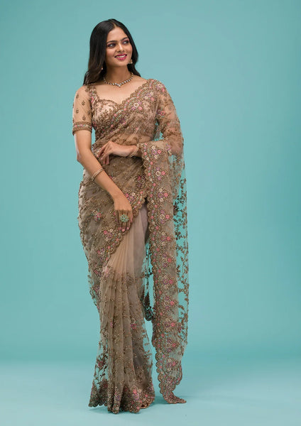 Fashion Cave Beige Zariwork Net Saree