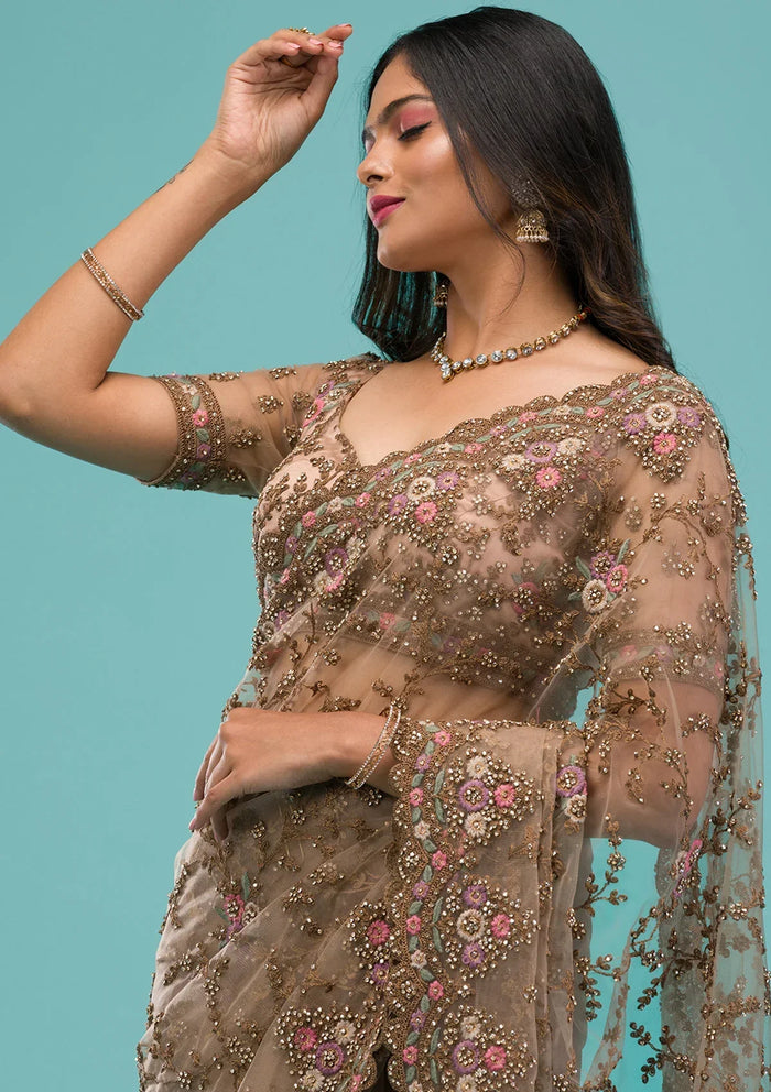 Fashion Cave Beige Zariwork Net Saree