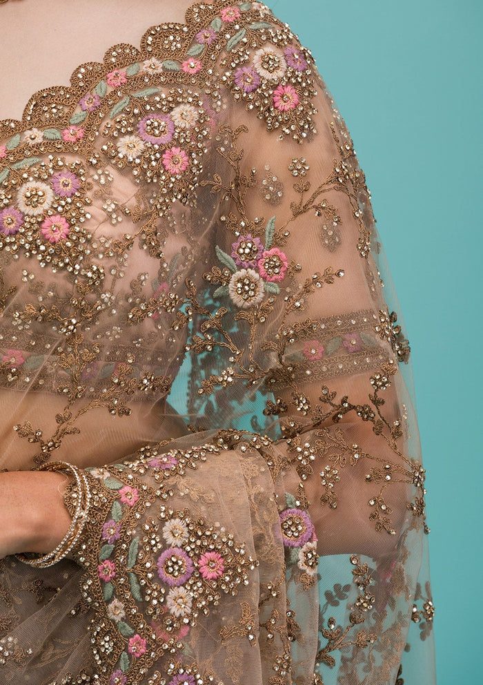 Fashion Cave Beige Zariwork Net Saree