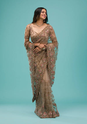 Fashion Cave Beige Zariwork Net Saree