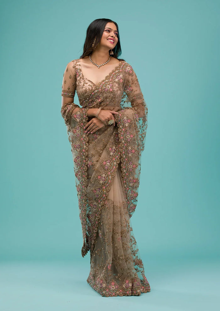 Fashion Cave Beige Zariwork Net Saree