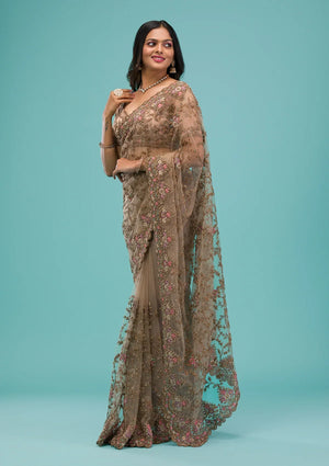 Fashion Cave Beige Zariwork Net Saree