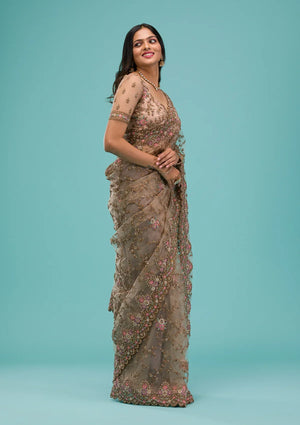 Fashion Cave Beige Zariwork Net Saree