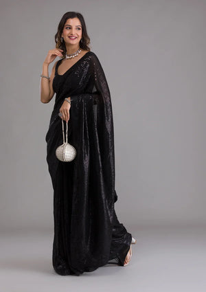 Fashion Cave Black Sequins Georgette Designer Saree