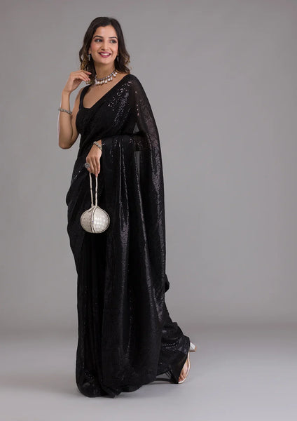 Fashion Cave Black Sequins Georgette Designer Saree