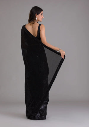 Fashion Cave Black Sequins Georgette Designer Saree