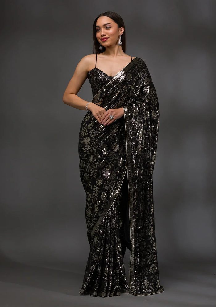 Fashion Cave Black Sequins Georgette Saree