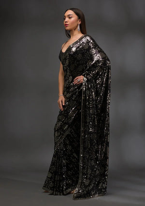 Fashion Cave Black Sequins Georgette Saree