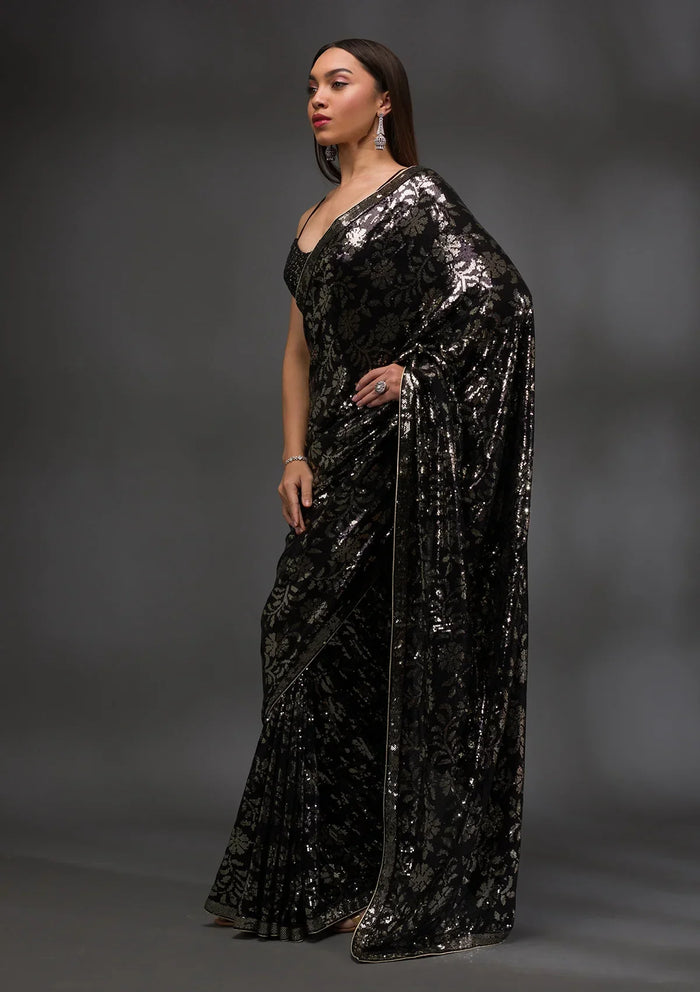 Fashion Cave Black Sequins Georgette Saree