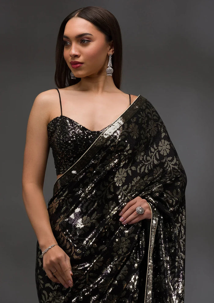 Fashion Cave Black Sequins Georgette Saree