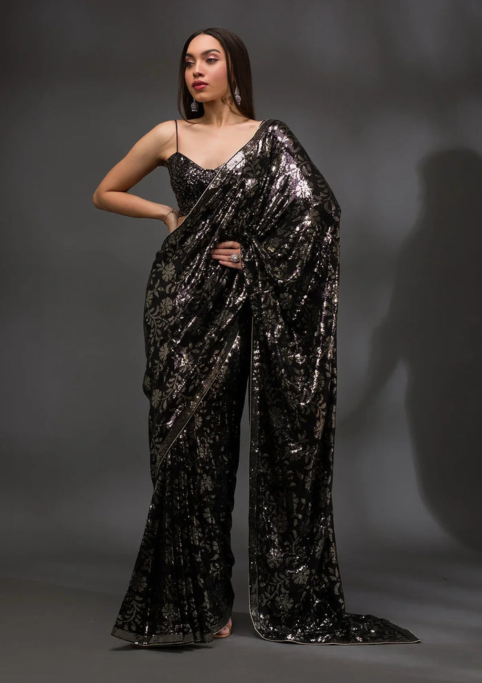 Fashion Cave Black Sequins Georgette Saree