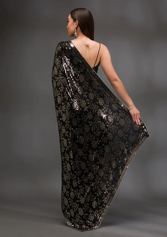 Fashion Cave Black Sequins Georgette Saree