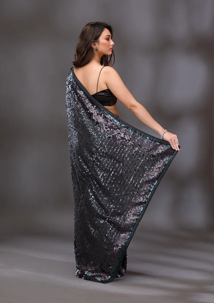 Fashion Cave Black Sequins Georgette Saree