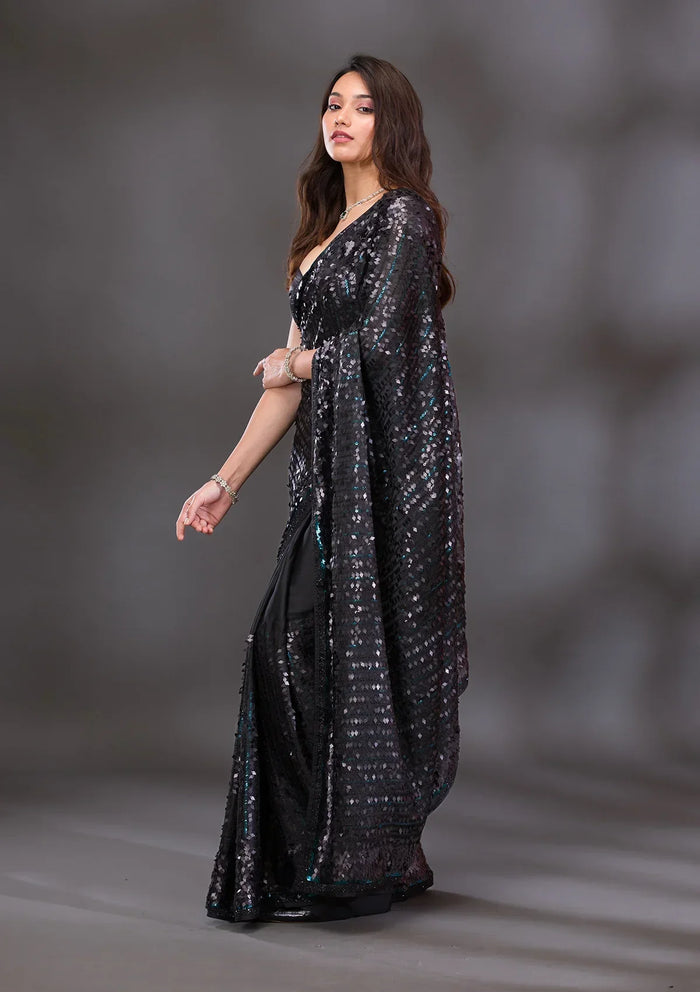Fashion Cave Black Sequins Georgette Saree