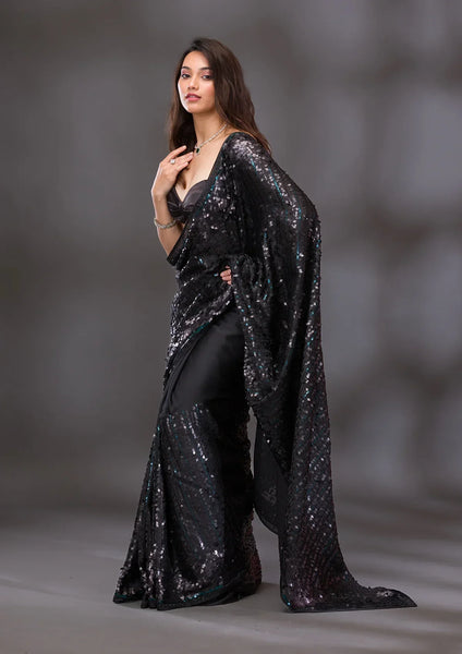 Fashion Cave Black Sequins Georgette Saree