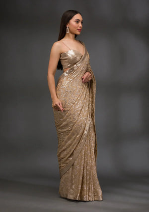Fashion Cave Gold Sequins Georgette Saree