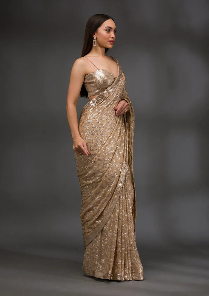 Fashion Cave Gold Sequins Georgette Saree
